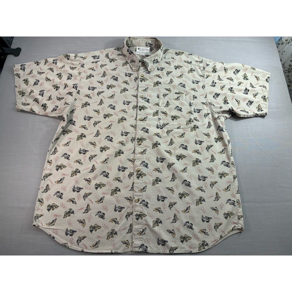 Columbia Mens XXL All Over Fish Print Button Up Shirt Fishing Outdoors Sportsman